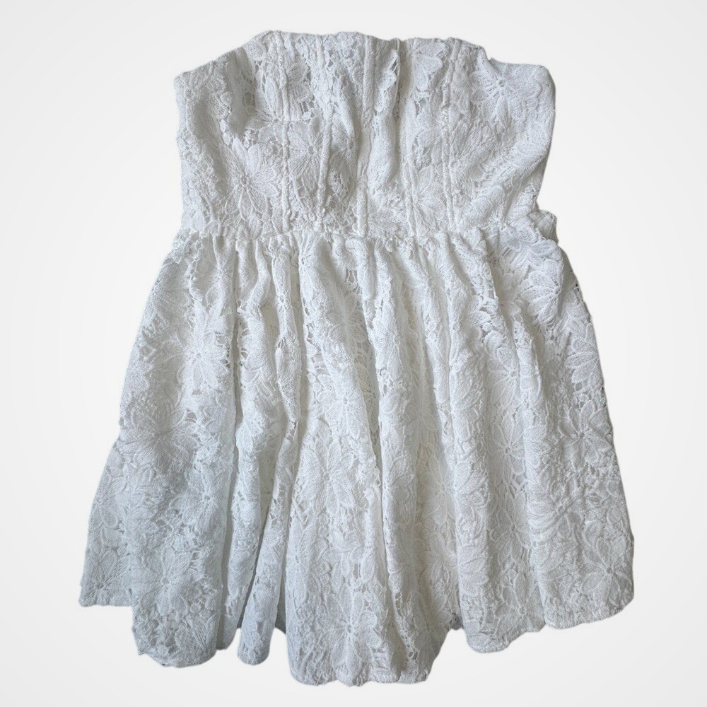 Cherley White Floral Lace Strapless Mini Dress Wedding Bridal Size L New‎
